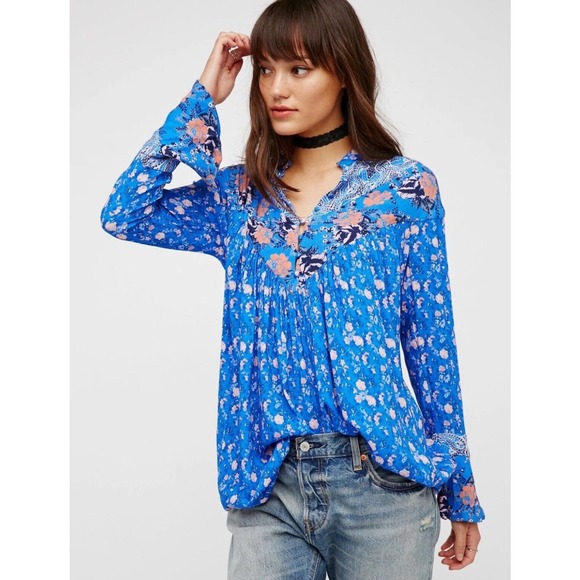 Free People Wildflower Fields Blue Orange Floral Tunic Top Sz S Bell Sleeve - Picture 11 of 12